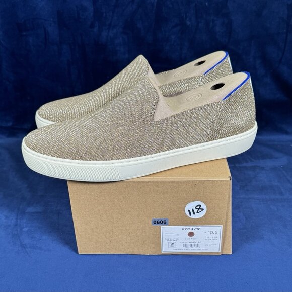 NIB Women's 10.5 Rothy’s The Original Slip On Sneaker Gold Twill 0610/0606 - Picture 2 of 5
